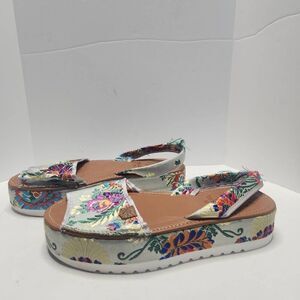 Popa Womens White Floral Premium Leather Embroidered Platform Sandals Size 38
